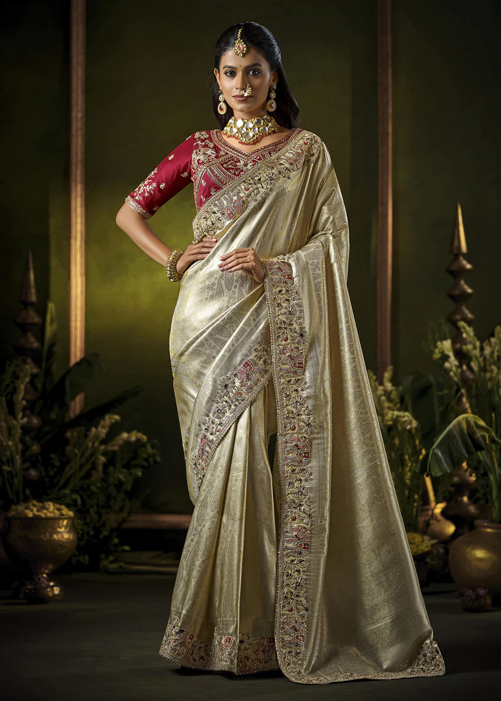 Cream & Pink Heavy Silk Embroidered Bridal Wear Saree