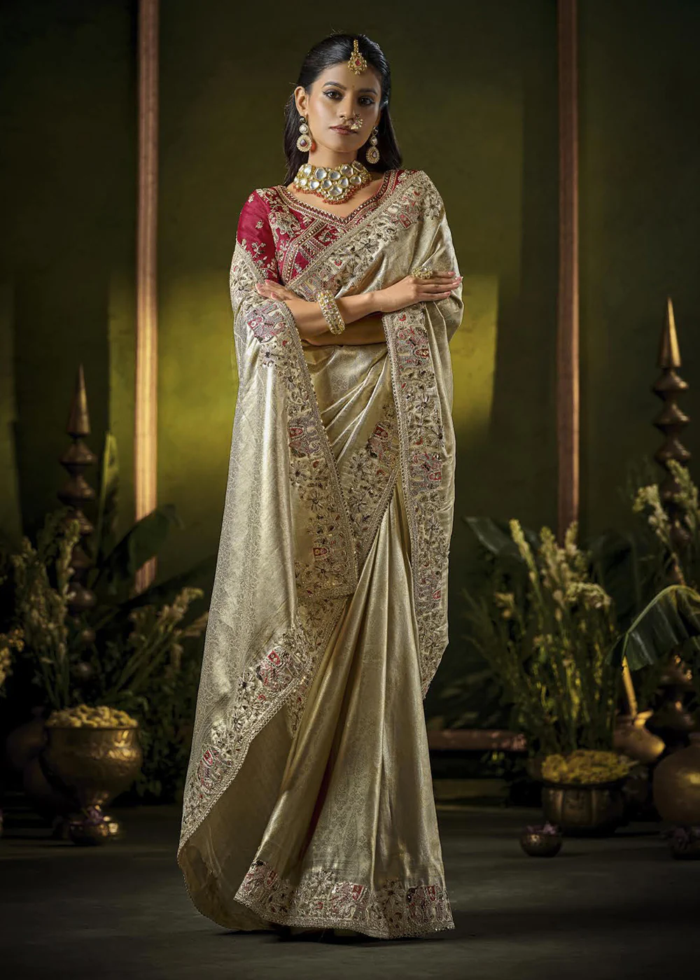 Cream & Pink Heavy Silk Embroidered Bridal Wear Saree - Image 4