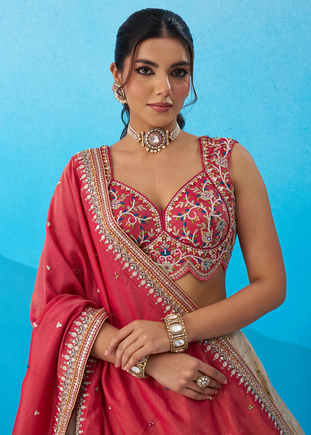 Cream & Pink Jacquard Tissue Festive Lehenga Choli - Image 2