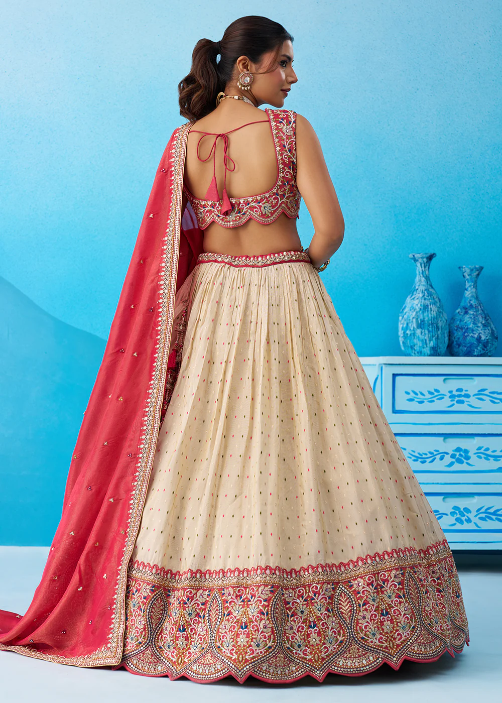 Cream & Pink Jacquard Tissue Festive Lehenga Choli - Image 3