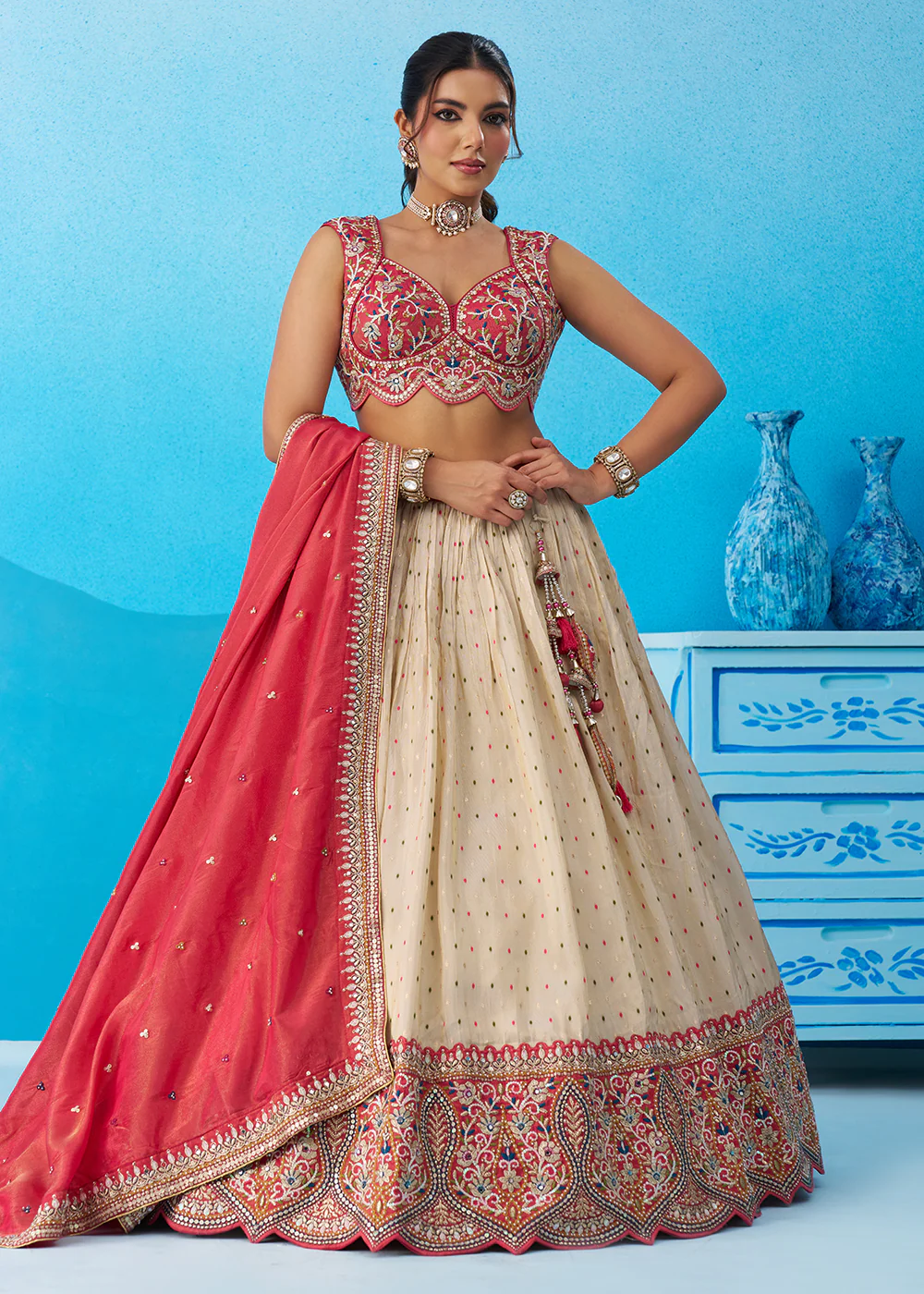 Cream & Pink Jacquard Tissue Festive Lehenga Choli - Image 4