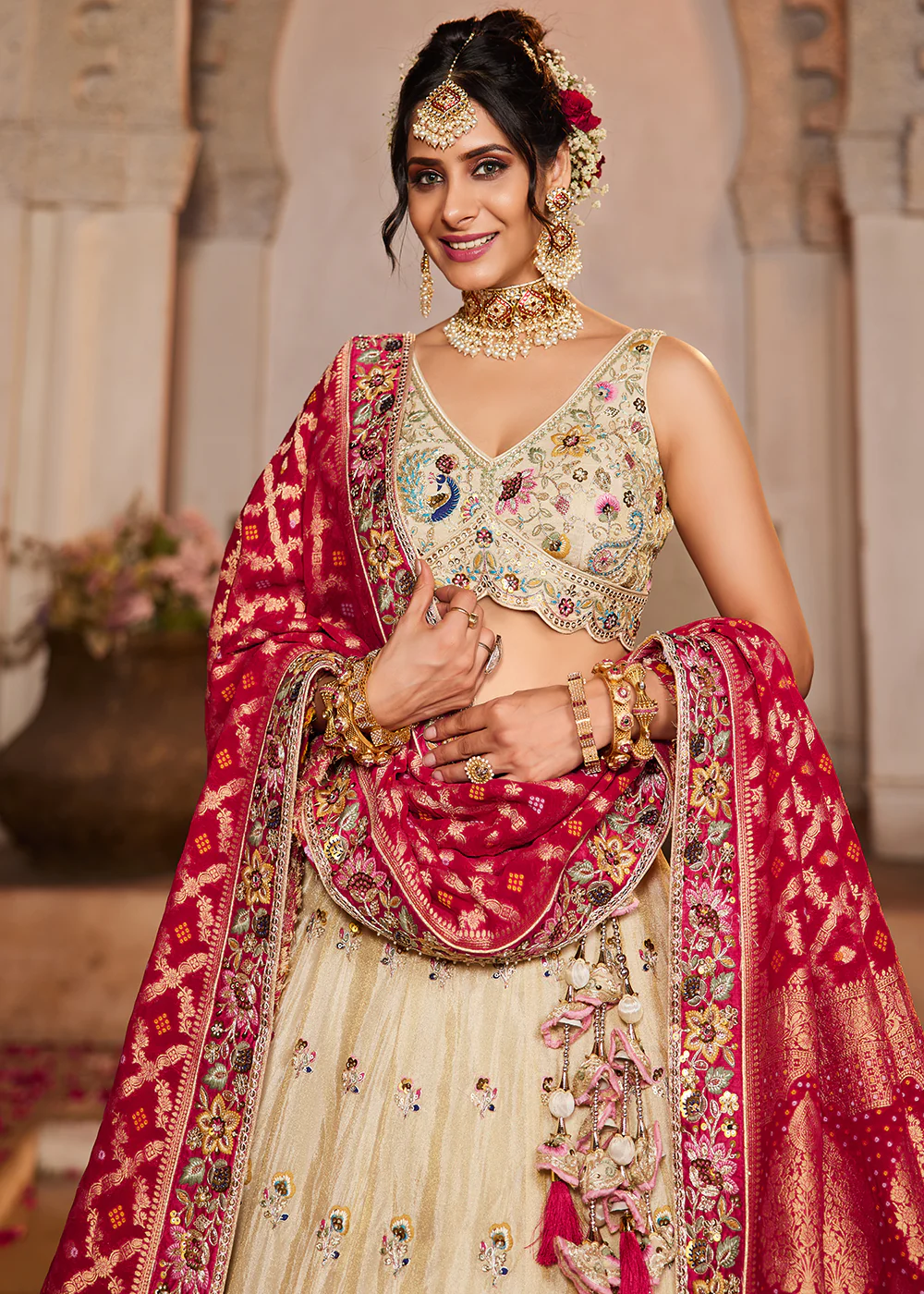 Cream & Pink Premium Tissue Embroidered Wedding Lehenga Choli - Image 2