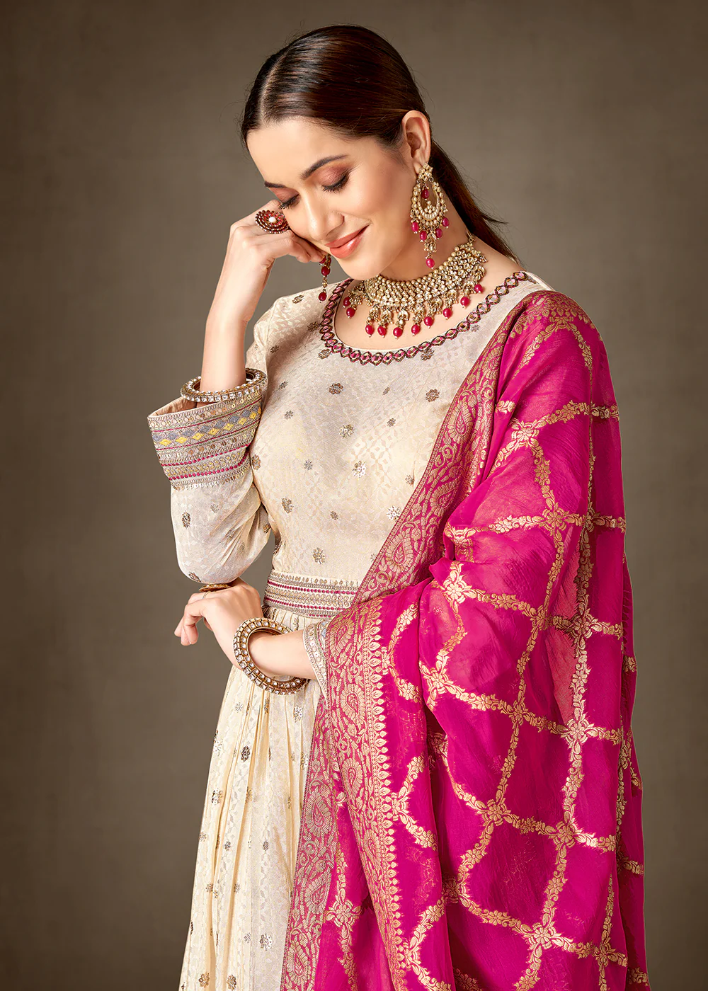 Cream & Pink Pure Silk Jacquard Slit Style Anarkali Dress - Image 2