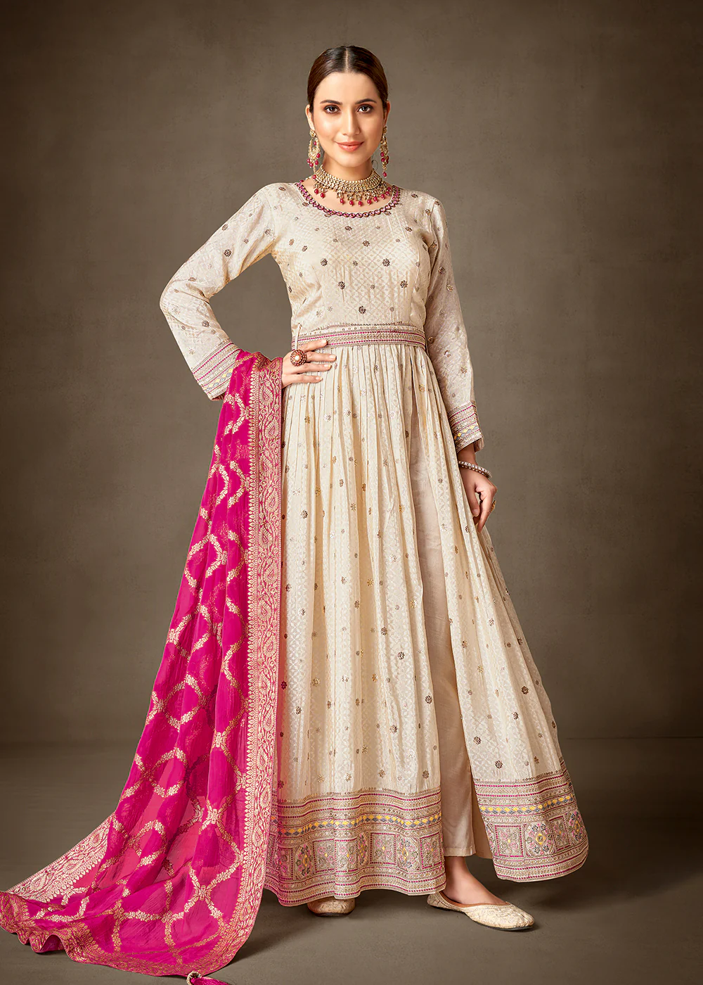 Cream & Pink Pure Silk Jacquard Slit Style Anarkali Dress - Image 3