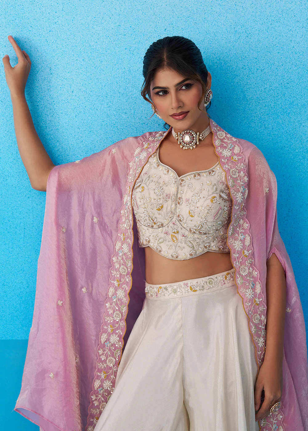 Cream & Pink Viscose Beads Embroidered Crop Top Palazzo Set - Image 2