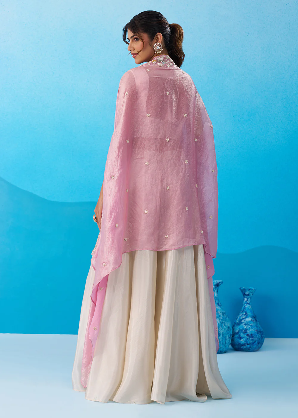 Cream & Pink Viscose Beads Embroidered Crop Top Palazzo Set - Image 3