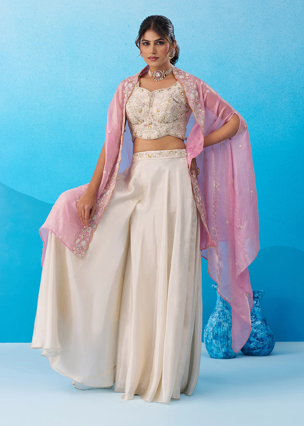 Cream & Pink Viscose Beads Embroidered Crop Top Palazzo Set - Image 4