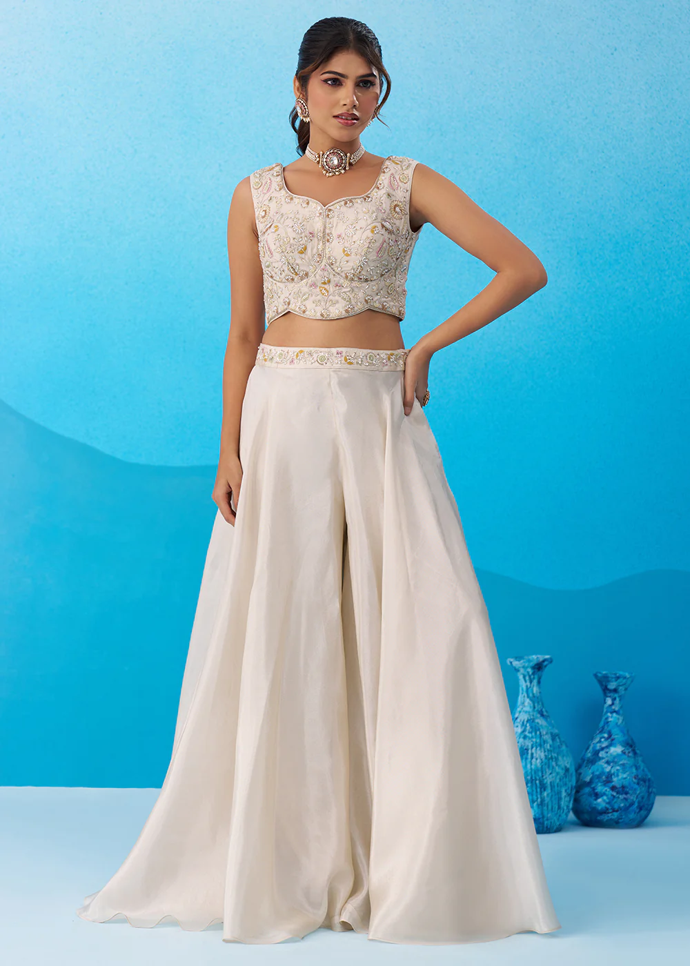 Cream & Pink Viscose Beads Embroidered Crop Top Palazzo Set - Image 5