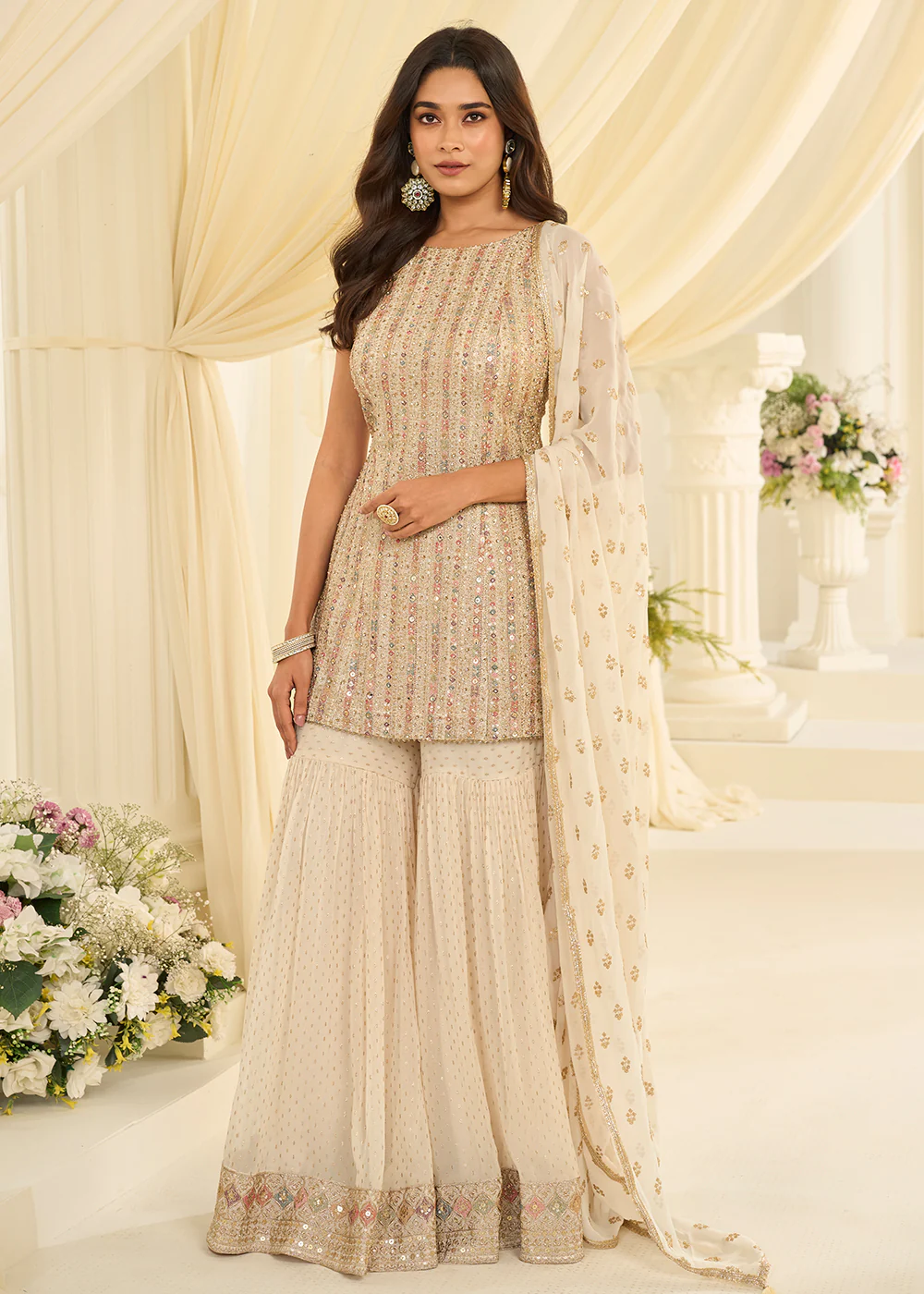 Cream Premium Georgette Swarovski Zarkan Gharara Suit