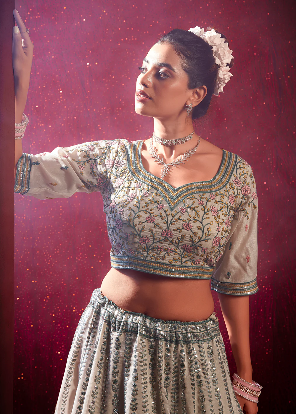 Cream Premium Silk Embroidered Bridesmaids Lehenga Choli - Image 2