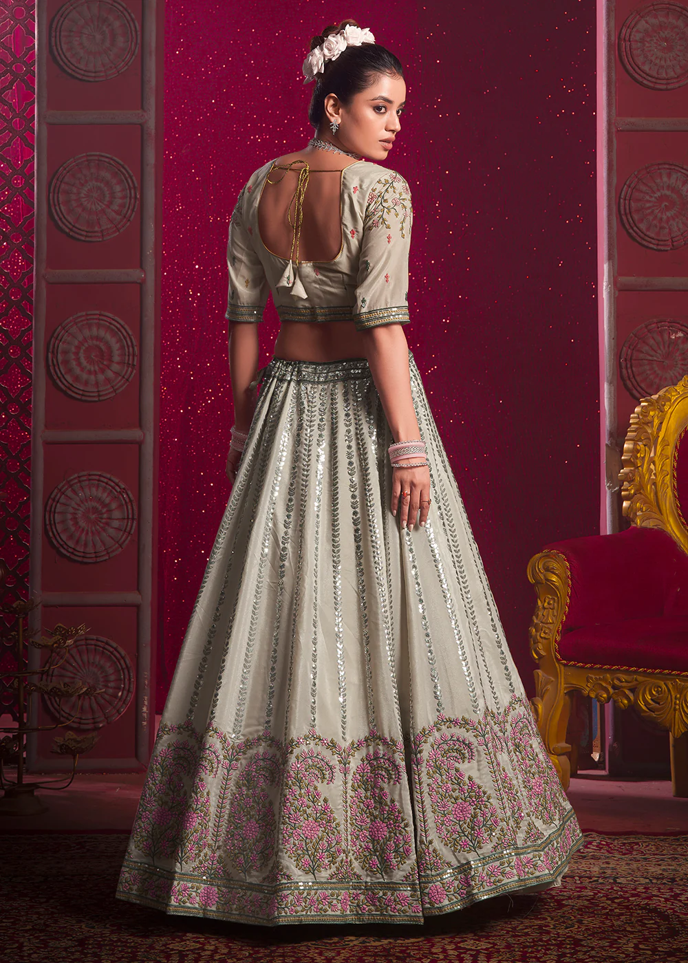 Cream Premium Silk Embroidered Bridesmaids Lehenga Choli - Image 3