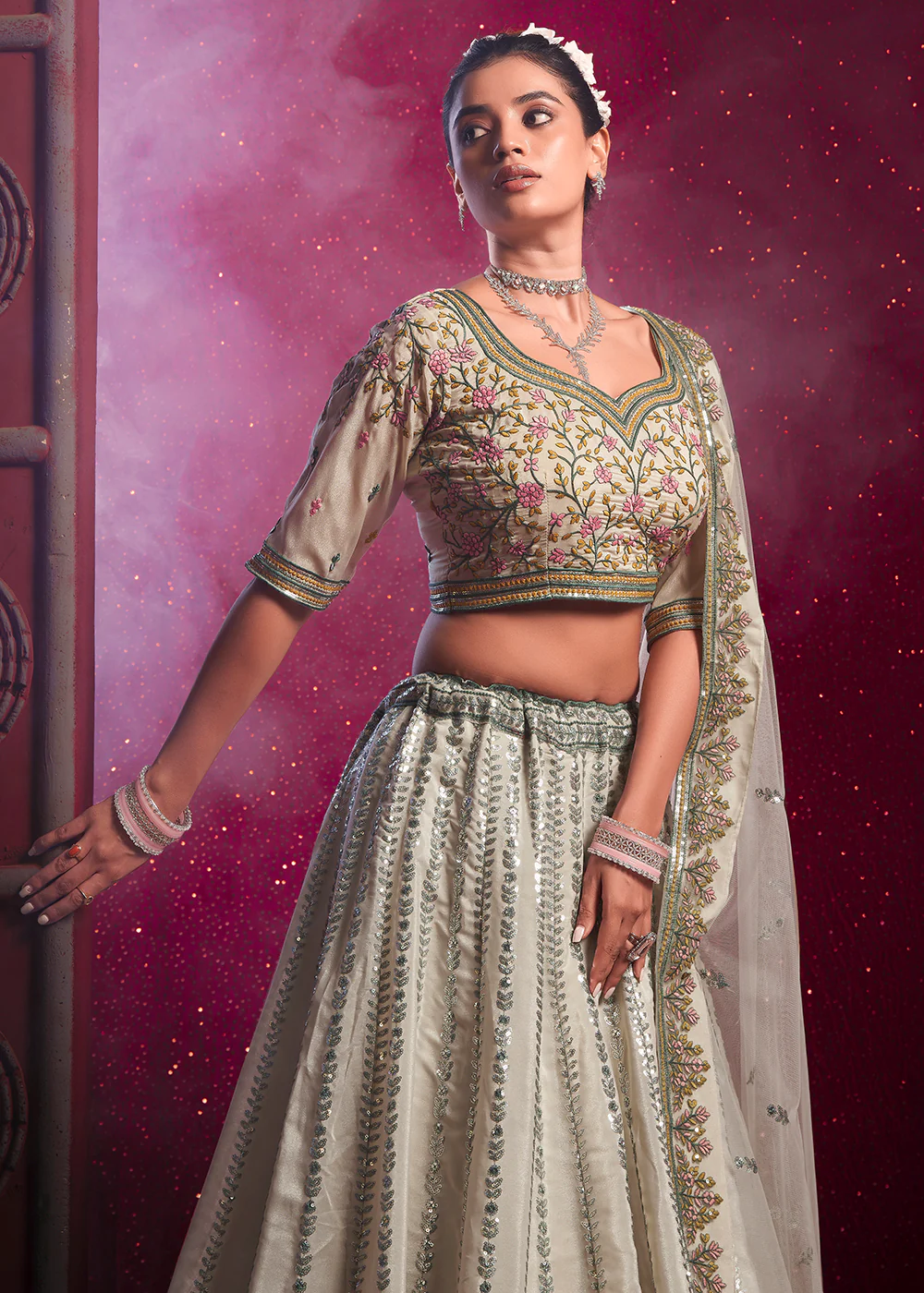 Cream Premium Silk Embroidered Bridesmaids Lehenga Choli - Image 4