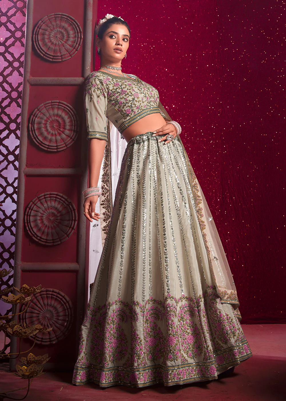 Cream Premium Silk Embroidered Bridesmaids Lehenga Choli - Image 7