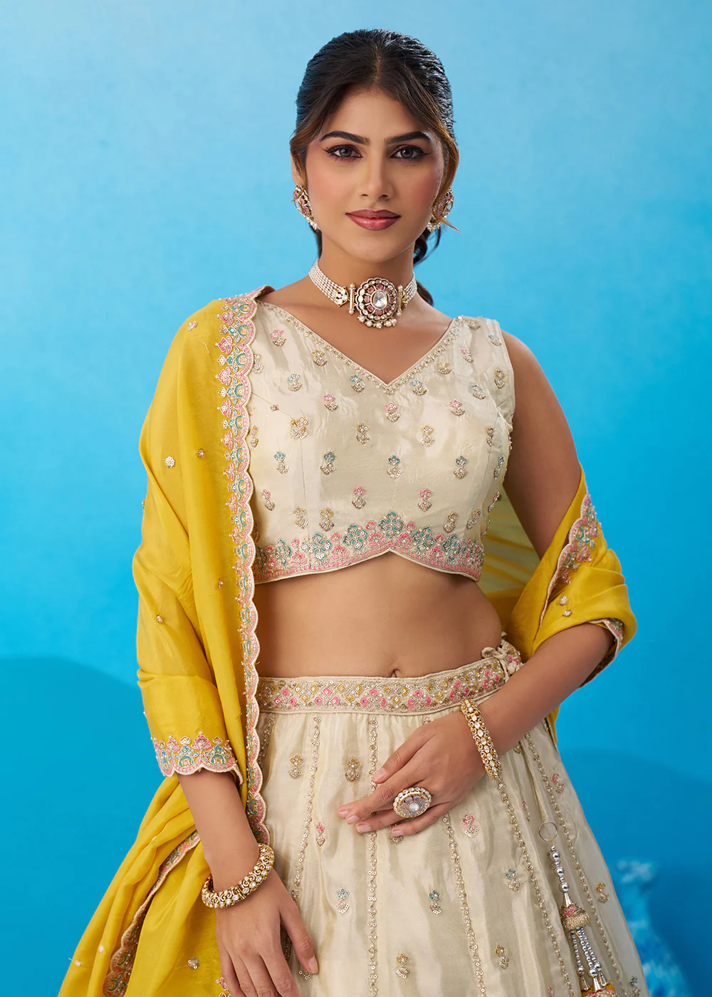 Cream Premium Tissue Lehenga Choli with Mustard Dupatta - Image 2