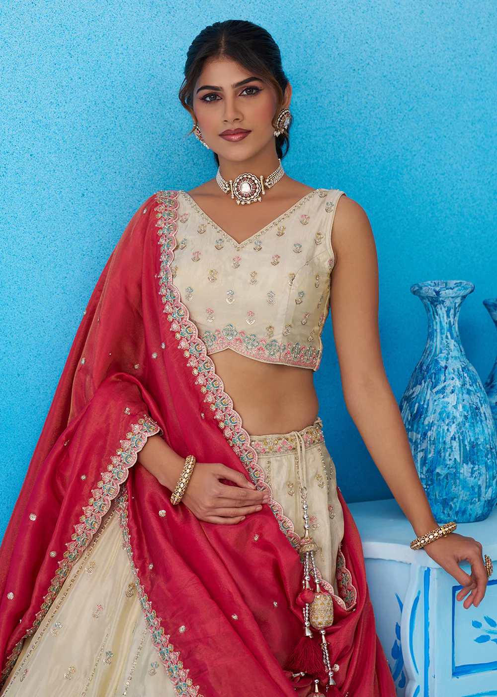 Cream Premium Tissue Lehenga Choli with Pink Dupatta - Image 2