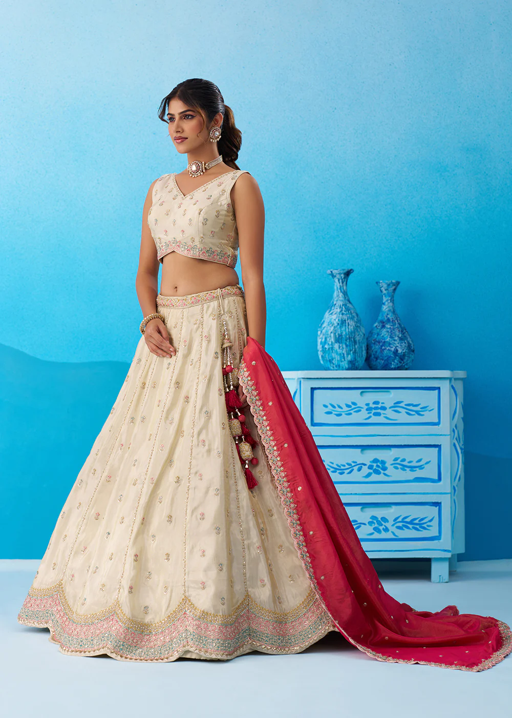 Cream Premium Tissue Lehenga Choli with Pink Dupatta - Image 4