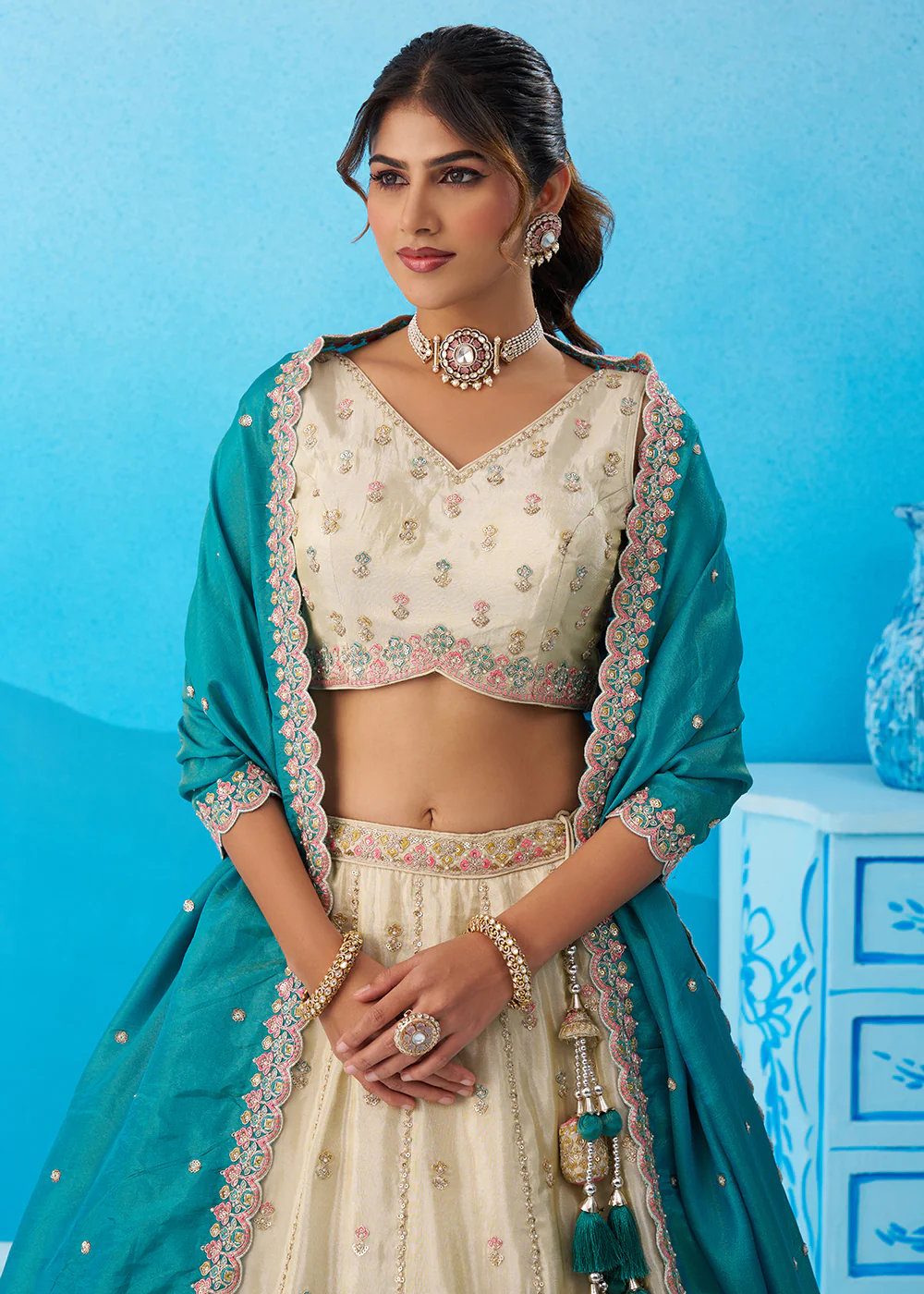Cream Premium Tissue Lehenga Choli with Rama Dupatta - Image 2