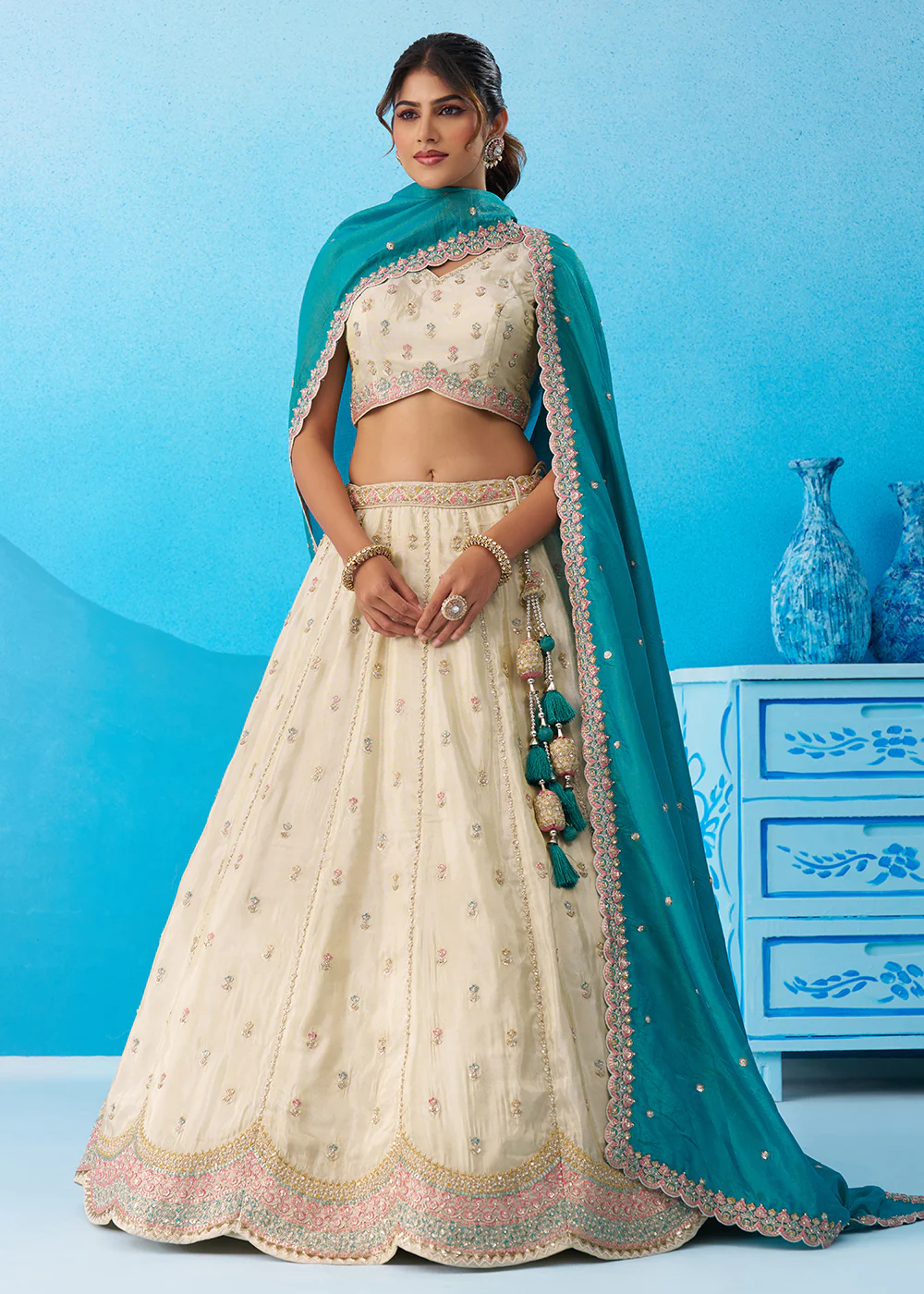 Cream Premium Tissue Lehenga Choli with Rama Dupatta - Image 4
