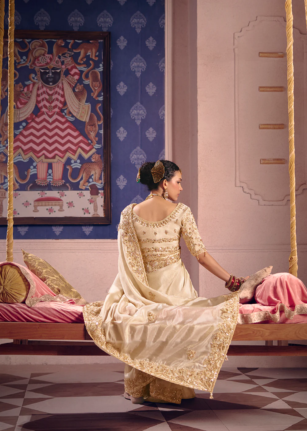 Cream Premium Tissue Zari Embroidered Designer Saree - Image 3