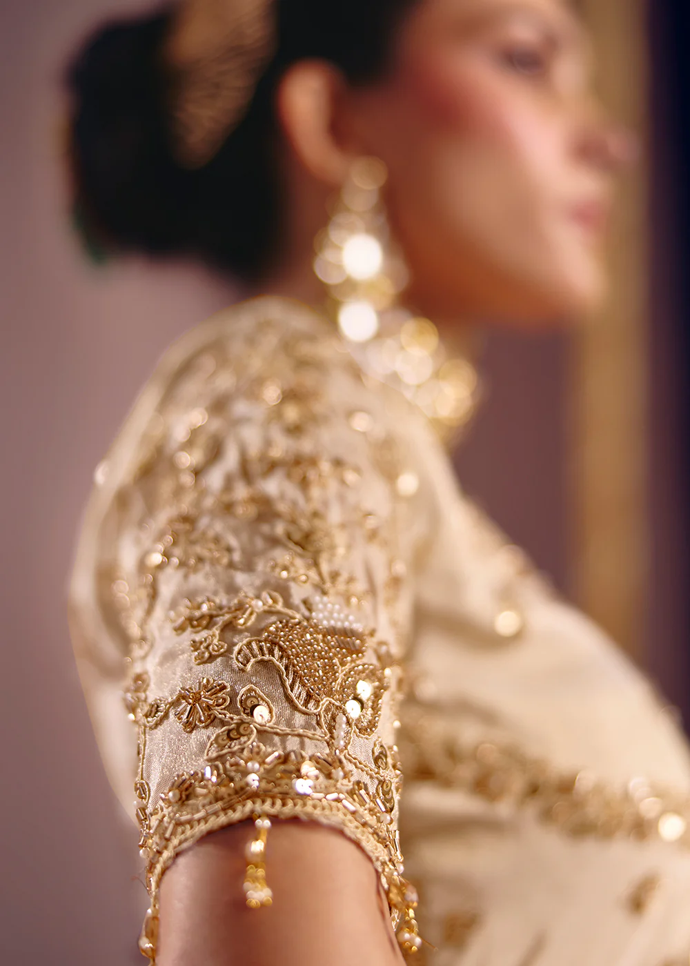 Cream Premium Tissue Zari Embroidered Designer Saree - Image 4