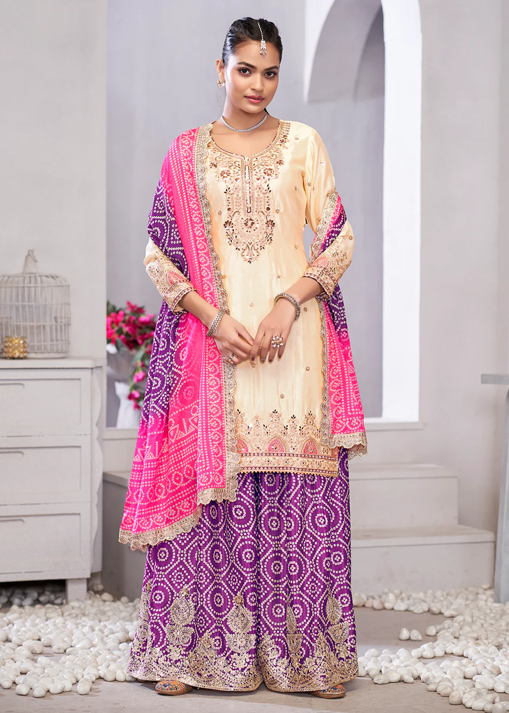 Cream & Purple Dabka Dori Work Ethnic Sharara Suit