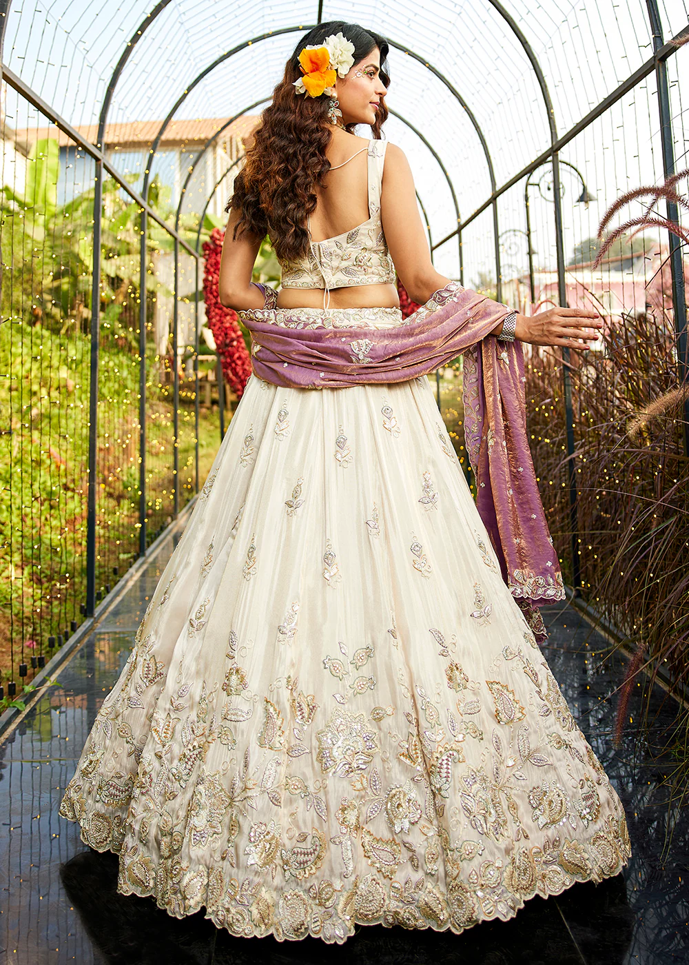 Cream & Purple Tissue Embroidered Bridal Lehenga Choli - Image 3