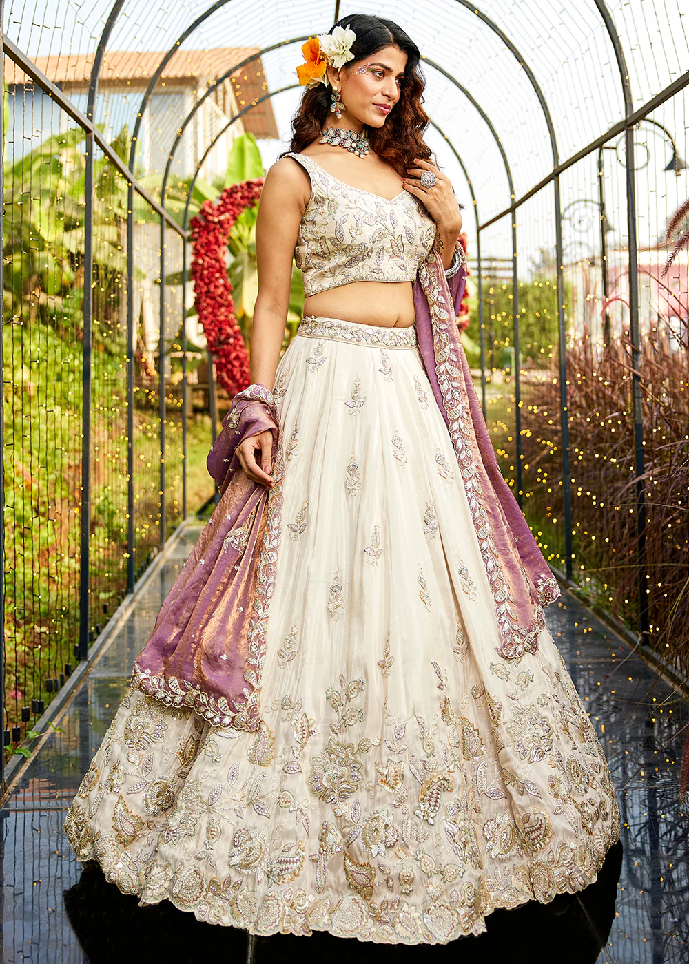 Cream & Purple Tissue Embroidered Bridal Lehenga Choli - Image 4
