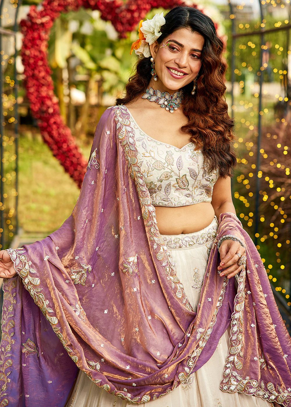 Cream & Purple Tissue Embroidered Bridal Lehenga Choli - Image 6