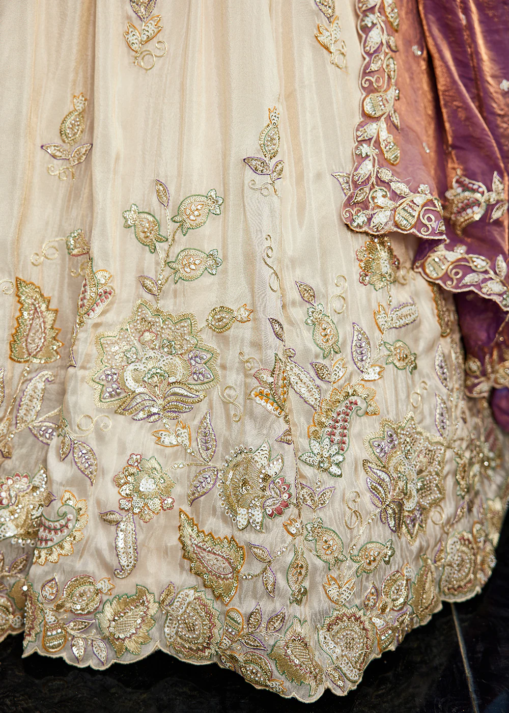 Cream & Purple Tissue Embroidered Bridal Lehenga Choli - Image 7