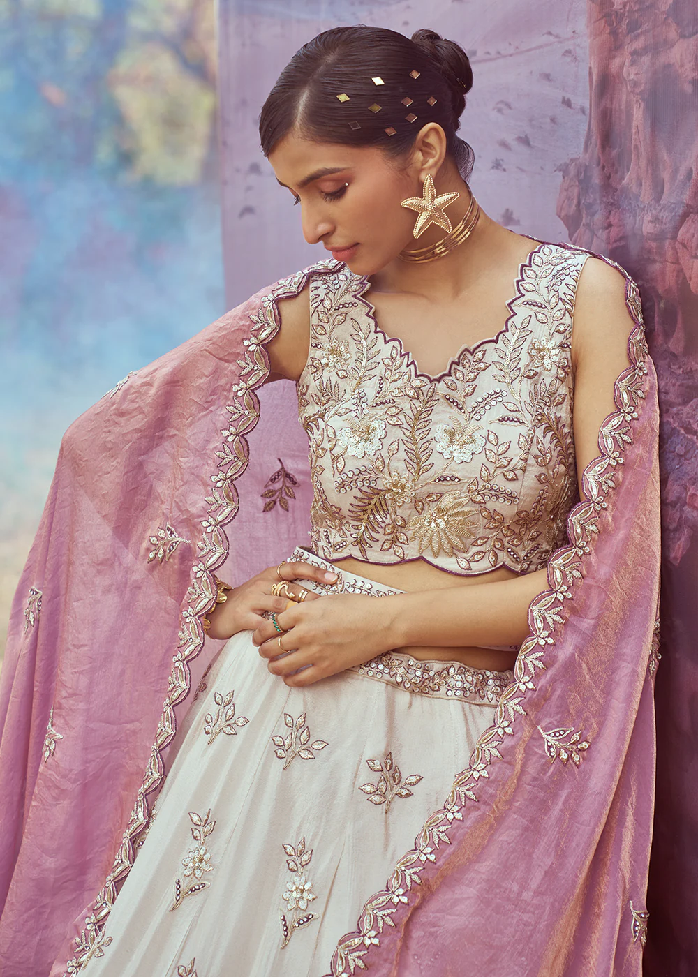 Cream & Purple Viscose Embroidered Designer Lehenga Choli - Image 4