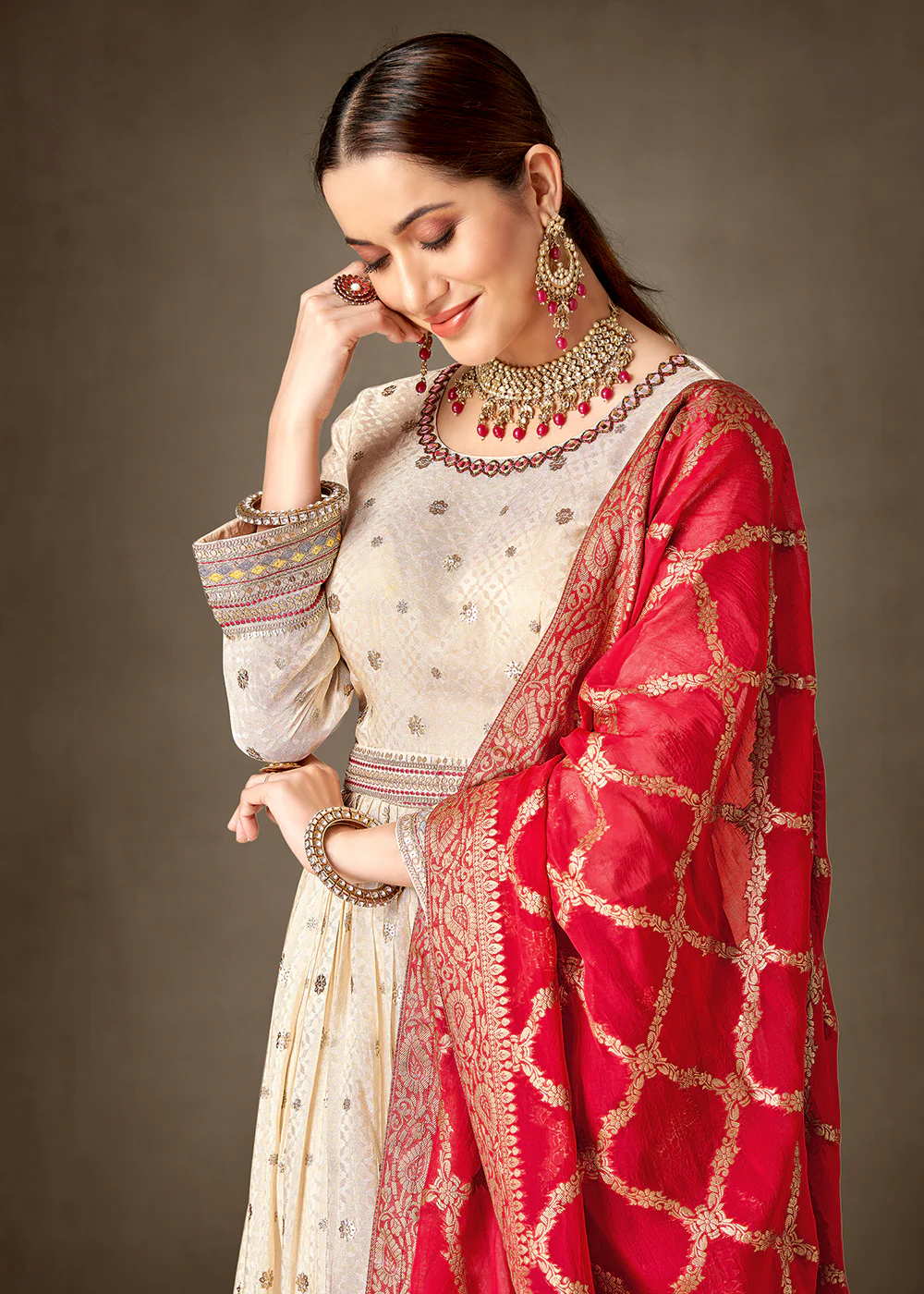 Cream & Red Pure Silk Jacquard Slit Style Anarkali Dress - Image 2