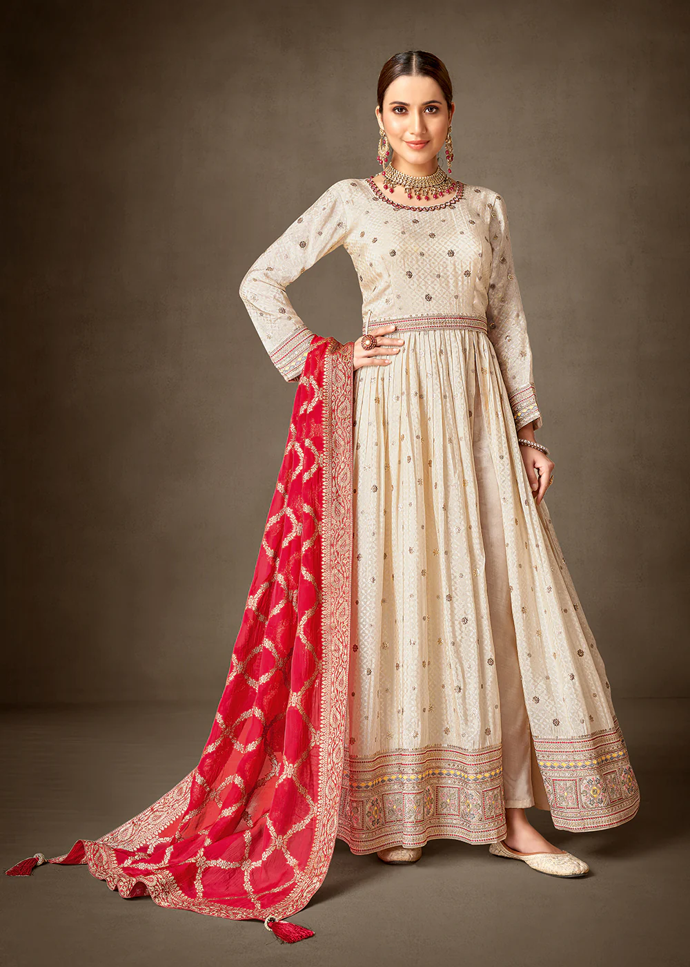 Cream & Red Pure Silk Jacquard Slit Style Anarkali Dress - Image 3