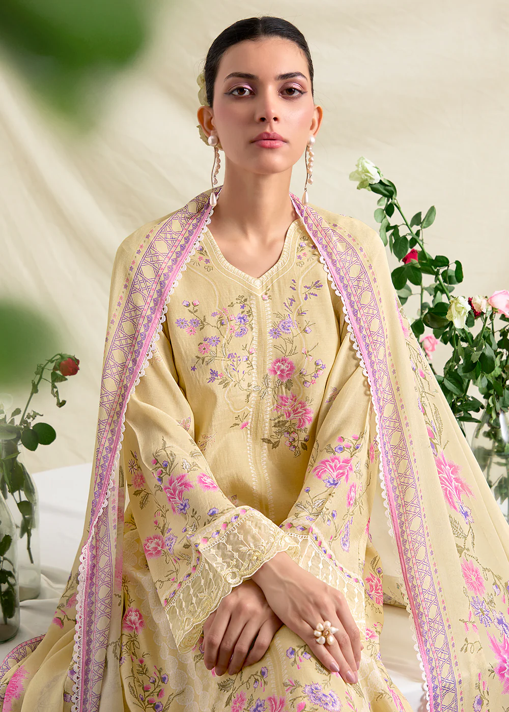 Cream Resham Embroidery & Digital Printed Salwar Suit - Image 2