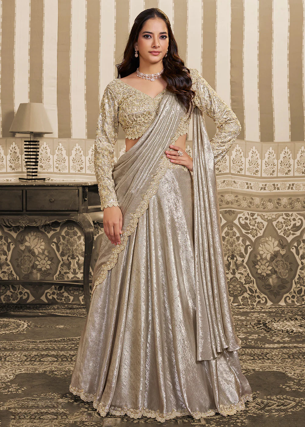 Cream Saree Style Embroidered Designer Lehenga Choli