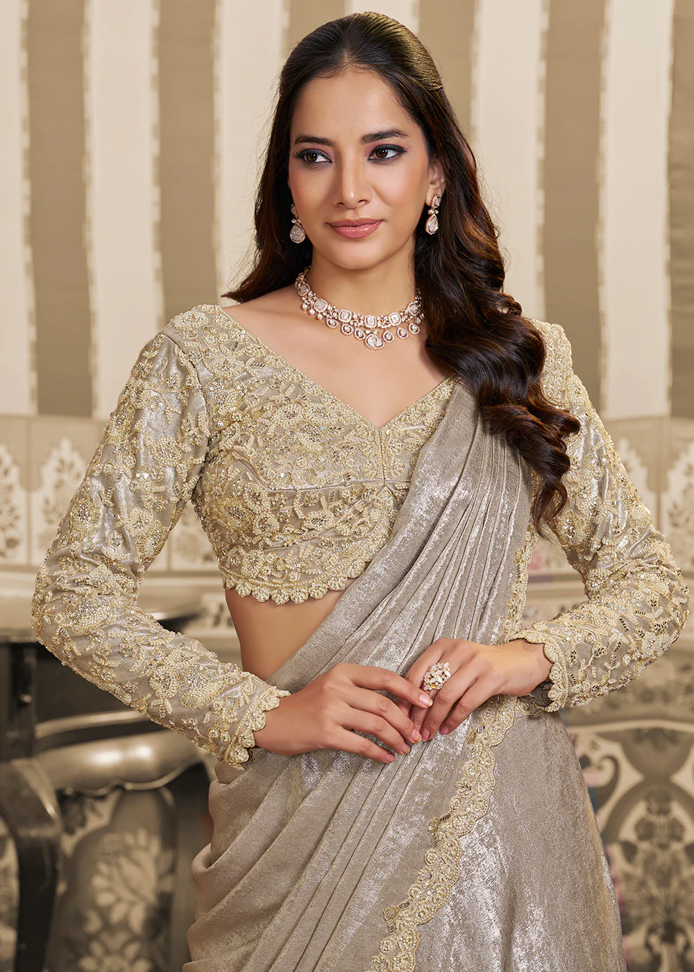 Cream Saree Style Embroidered Designer Lehenga Choli - Image 2