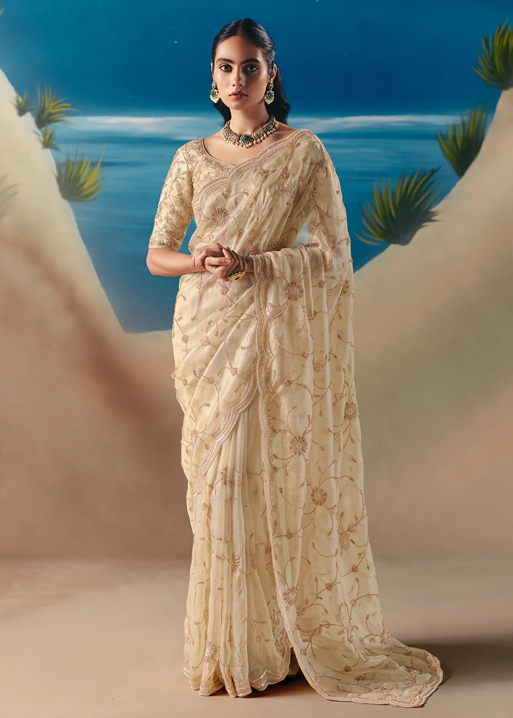 Cream Satin Organza Fancy Designer Saree