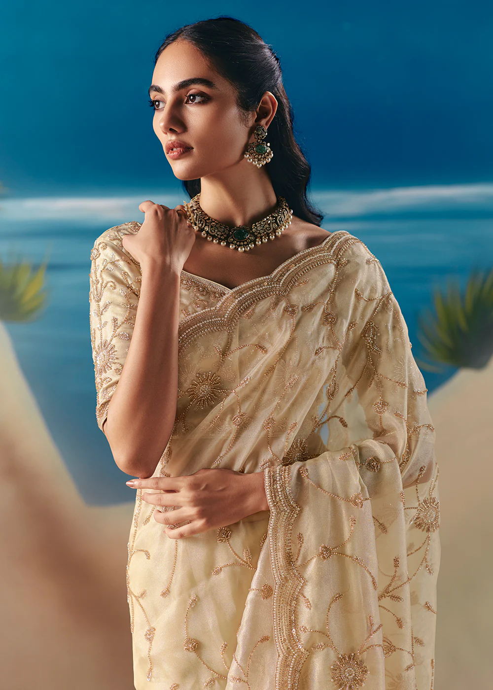 Cream Satin Organza Fancy Designer Saree - Image 2