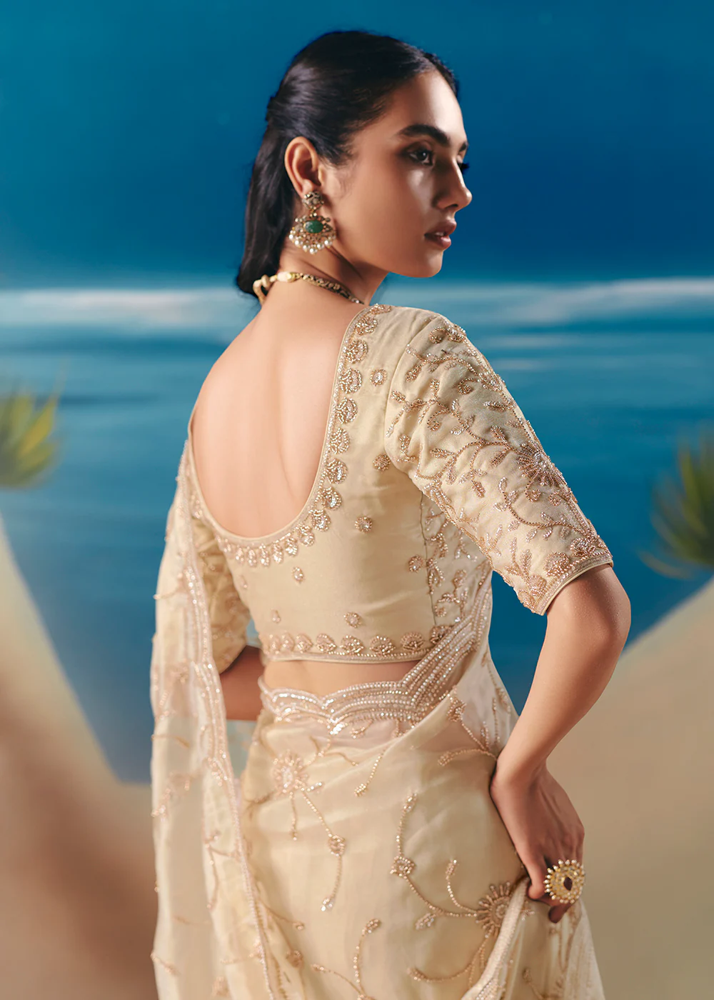 Cream Satin Organza Fancy Designer Saree - Image 3
