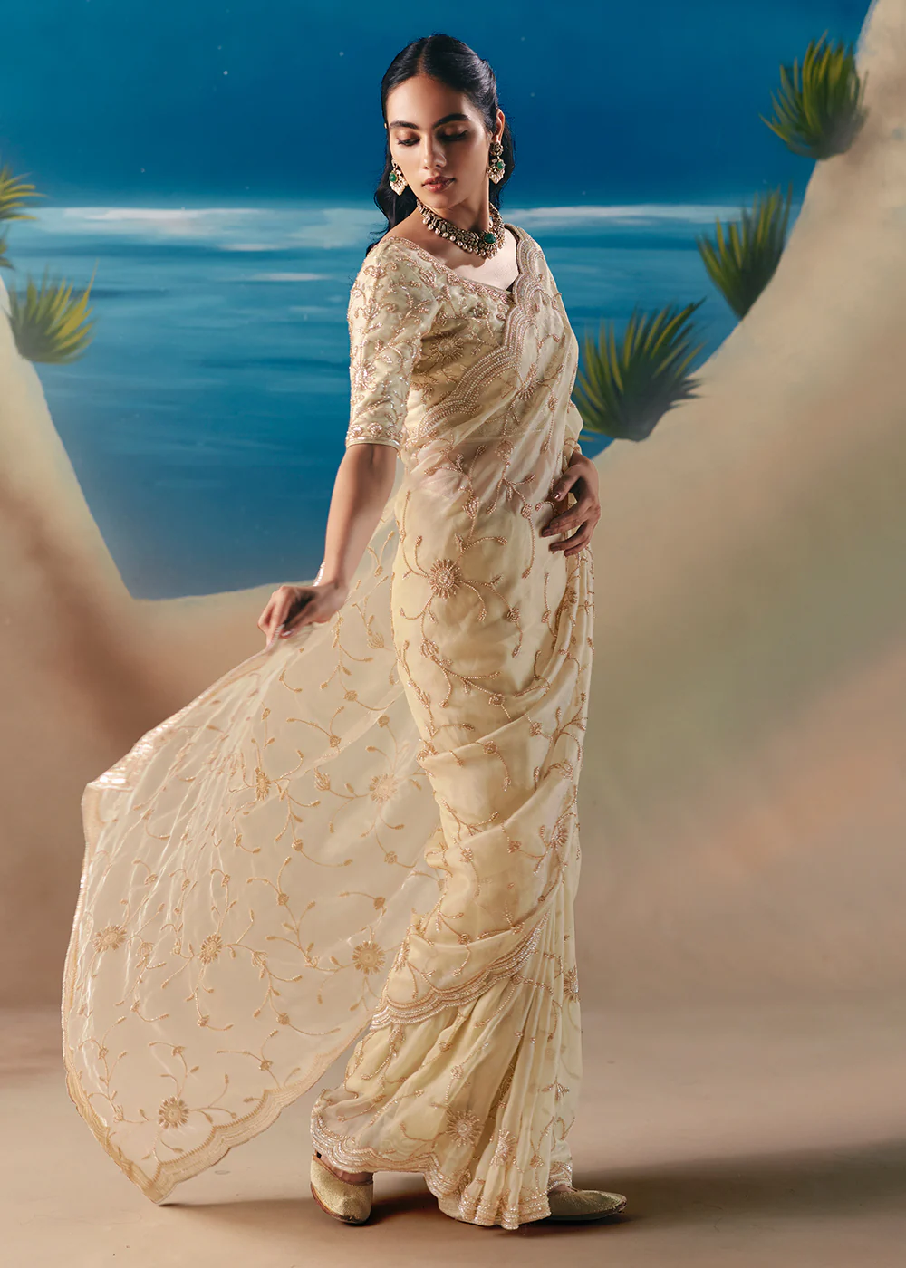 Cream Satin Organza Fancy Designer Saree - Image 4
