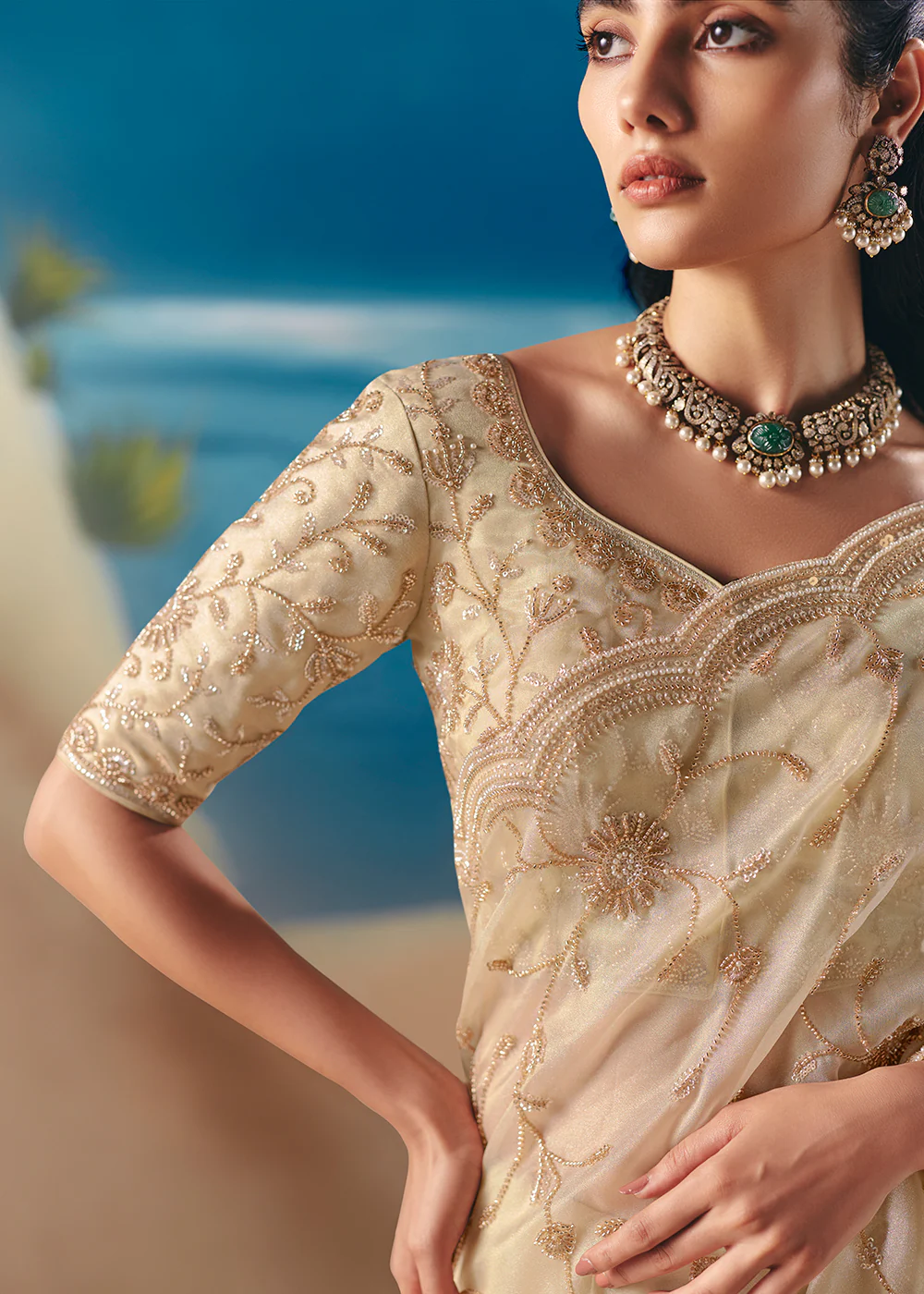 Cream Satin Organza Fancy Designer Saree - Image 5