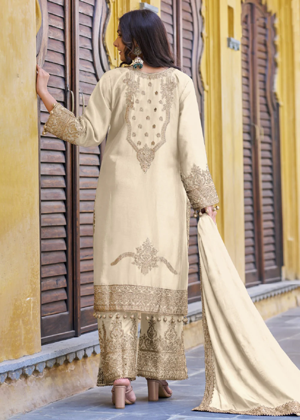 Cream Semi Pure Chinnon Embroidered Wedding Palazzo Suit - Image 3