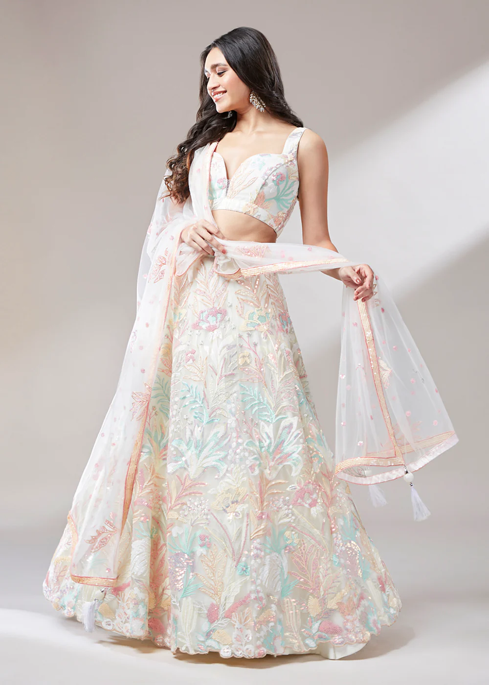 Cream Sequinned Embroidered Bridesmaid Lehenga Choli - Image 5