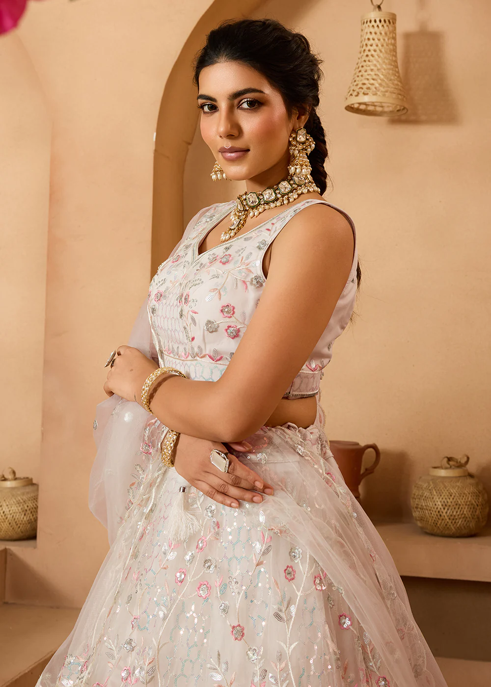 Cream Sequins Embroidered Net Designer Party Lehenga Choli - Image 10
