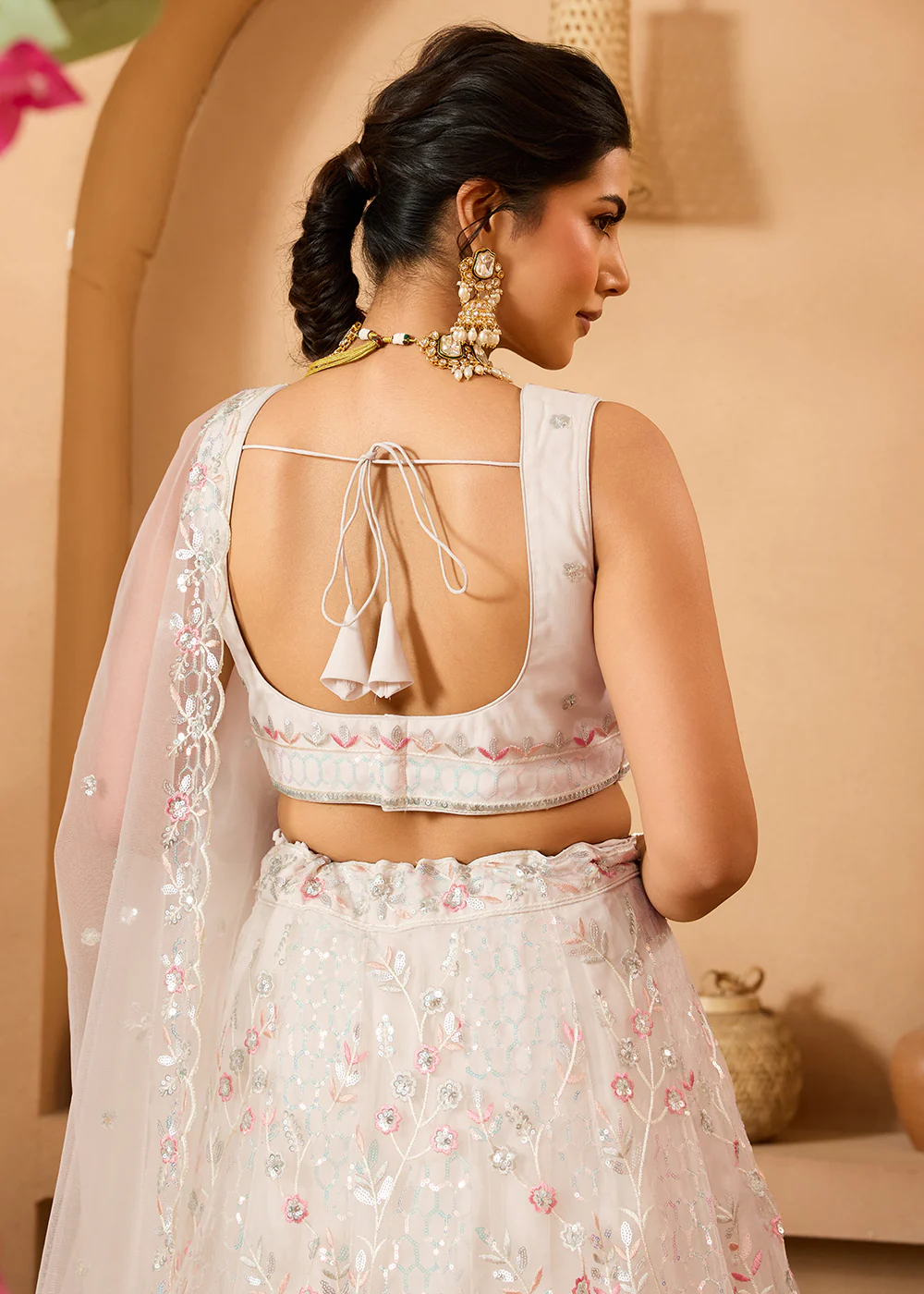 Cream Sequins Embroidered Net Designer Party Lehenga Choli - Image 11