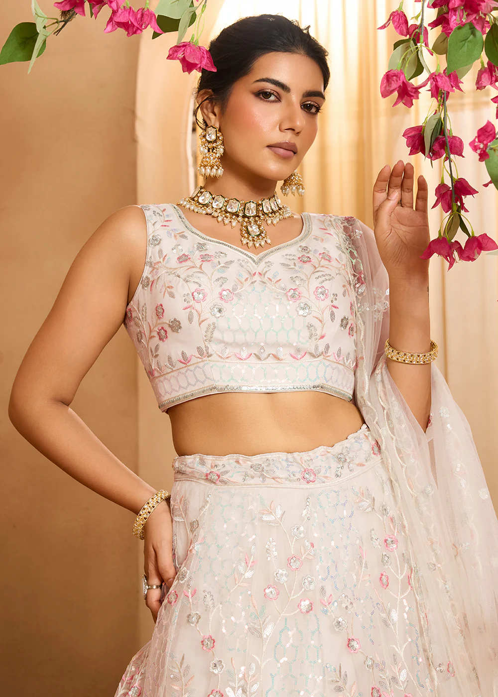Cream Sequins Embroidered Net Designer Party Lehenga Choli - Image 2