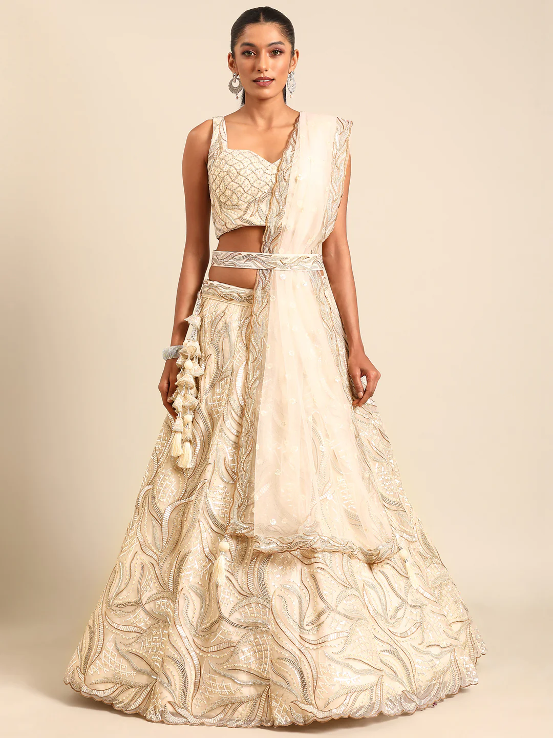 Cream Sequins & Zarkan Embroidered Reception Lehenga Choli