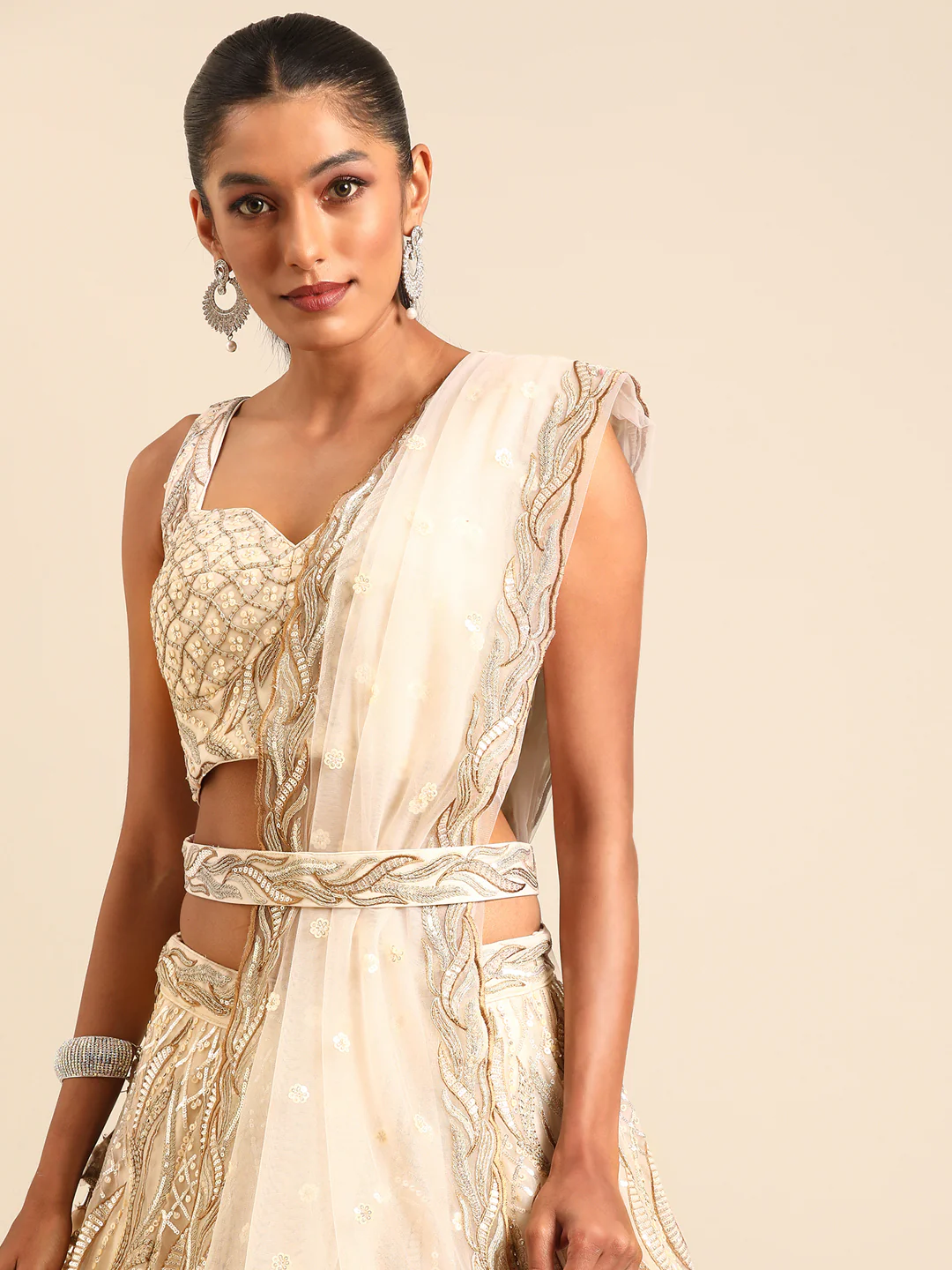 Cream Sequins & Zarkan Embroidered Reception Lehenga Choli - Image 2