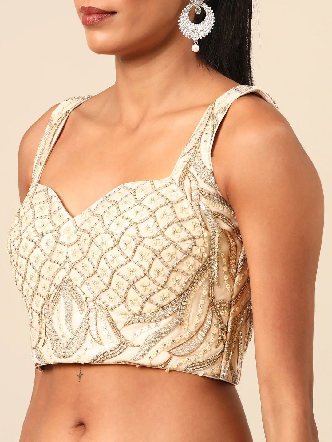 Cream Sequins & Zarkan Embroidered Reception Lehenga Choli - Image 4