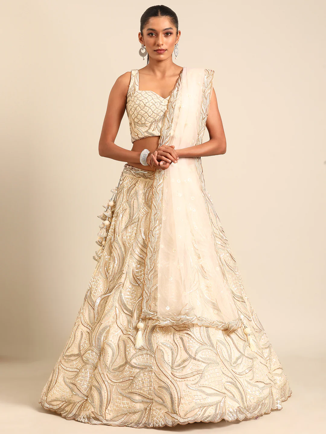 Cream Sequins & Zarkan Embroidered Reception Lehenga Choli - Image 6