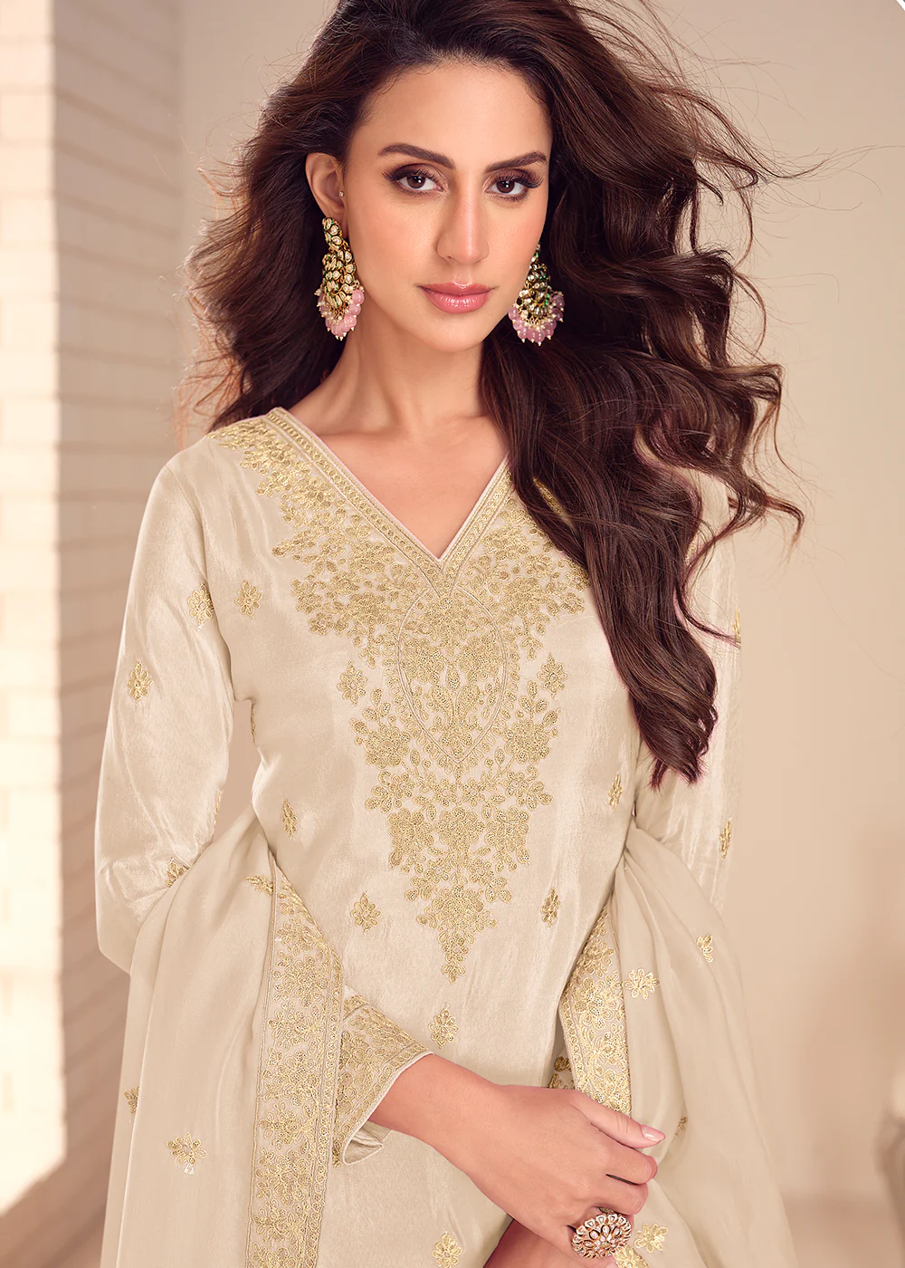 Cream Shimmer Silk Embroidered Festive Palazzo Dress - Image 2